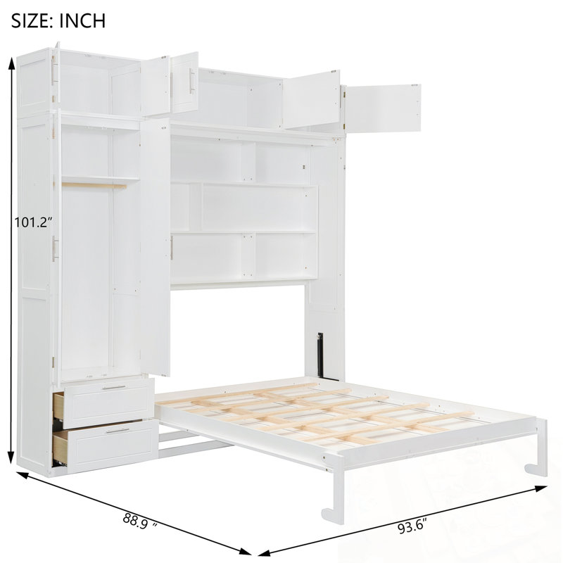 Grand lit escamotable mural avec armoire supérieure, tablettes et garde-robe, Blanc