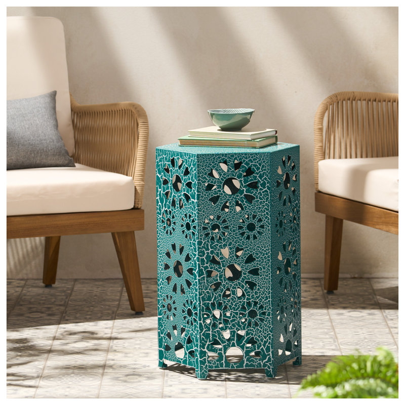 Table d'appoint Galore en métal bleu sarcelle avec découpe Sunburst