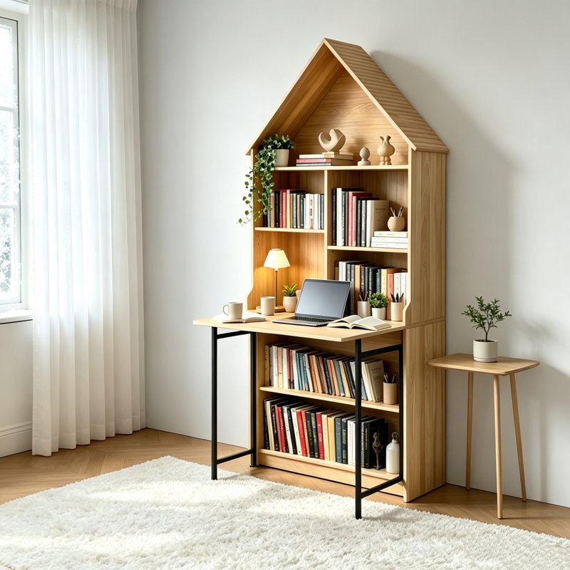 Bureau d'artisanat Olding avec étagères de rangement, bureau escamotable convertible en bibliothèque, bureau pliable avec rangement, bureau escamotable pour petits espaces, table d'artisanat multifonctionnelle convertible, coiffeuse
