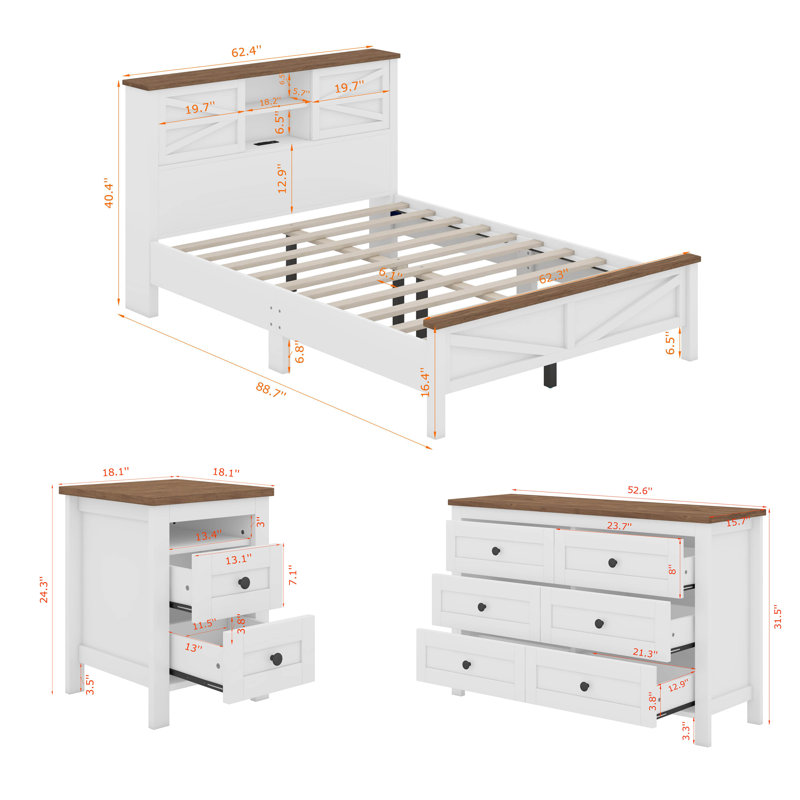 Ensemble de chambre à coucher 3 pièces avec lit double, tête de lit et commode, Blanc/brun, Grand