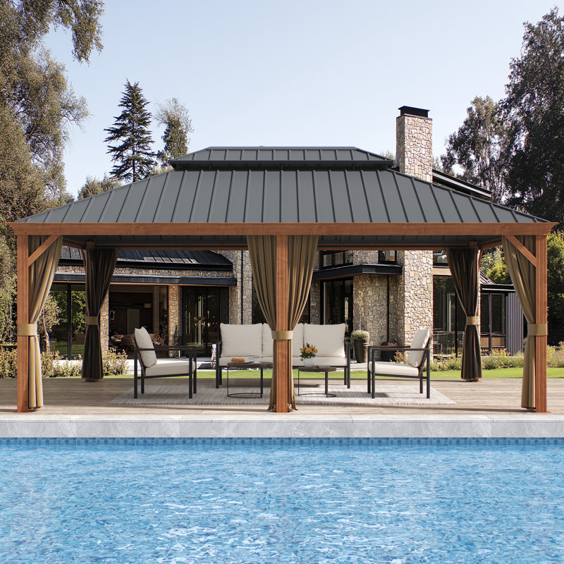 14ft x 20ft Hardtop Gazebo with Netting and Curtains, Heavy Duty Outdoor Pavilion with Aluminum Frame & Double Galvanized Steel Roof for Patio, Backyard, Deck & Lawn