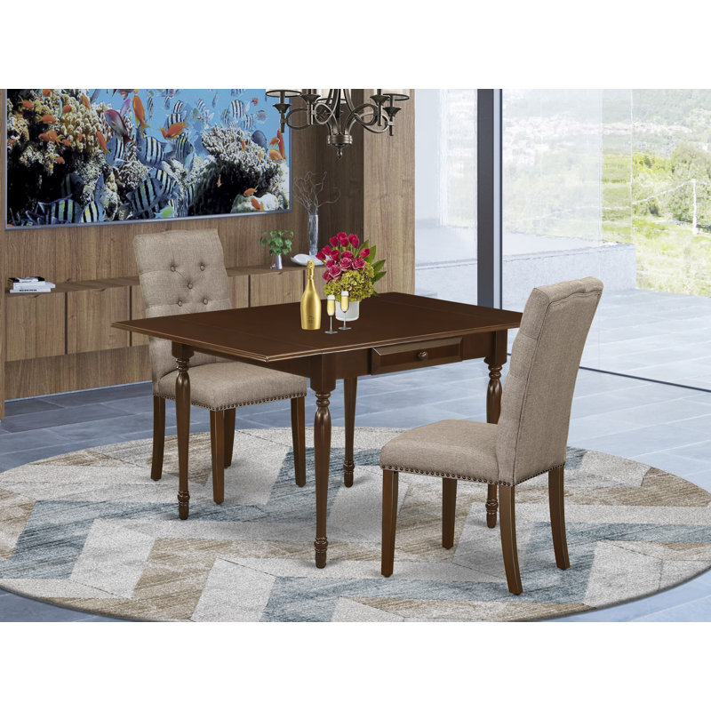 3 Piece Dining Set Contains a Rectangle Dining Room Table with Dropleaf and 2 Dark Khaki Linen Fabric Upholstered Chairs, Mahogany