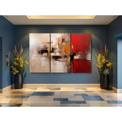 Reproduction d'art sur toile Triptych - Art abstrait moderne sur toile Triptych - Reproduction texturée beige et rouge - Décor géométrique contemporain - Reproduction d'art