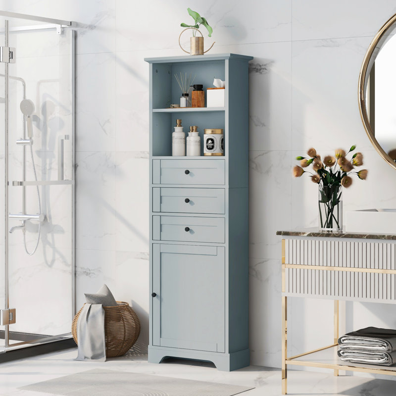 Armoire de salle de bain autoportante Anegada, armoire de rangement haute avec 3 tiroirs et tablettes réglables, Gris clair