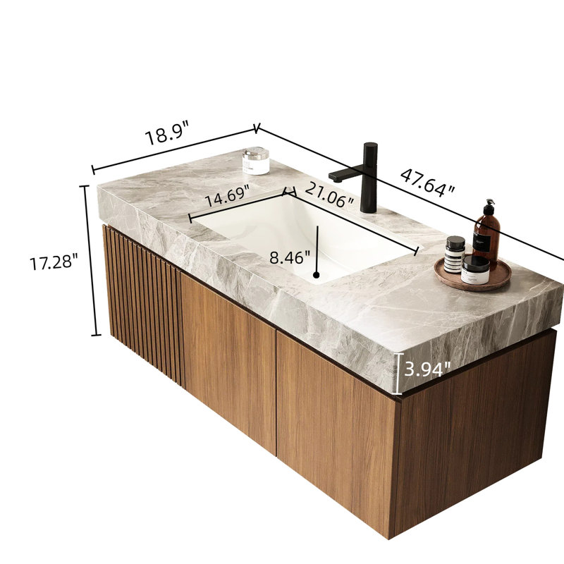 Meuble sous-évier de 48 po en contreplaqué chêne brun, portes doubles et tiroir, sans lavabo, dessus, robinet ni couvercle. Résistant aux intempéries, avec amortisseur de fermeture.