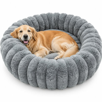 Coussin apaisant rond en peluche avec rebord surélevé, coussin douillet en forme de beigne pour chats et chiens, gris