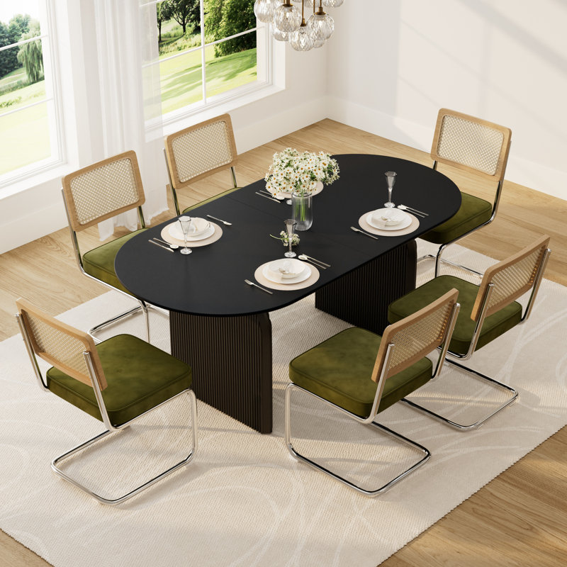 Ensemble de salle à manger élégant à double piédestal avec chaises en velours, 7 pièces : table, 6 chaises, Noir / vert olive