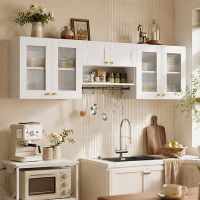 71" Wall Mounted Laundry Room Cabinet with Glass Doors & Hanging Rod, Medicine Cabinet with Hooks & Adjustable Shelves for Laundry, Bathroom or Kitchen