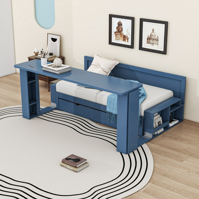2 Drawers Daybed with Removable Desk and Side Shelves, Queen, Blue