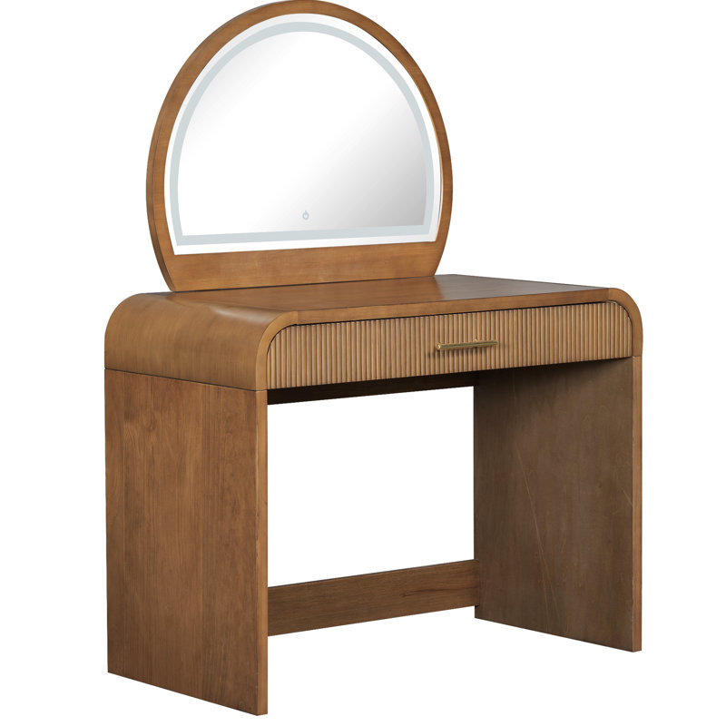 39" Makeup Vanity With Lighted Mirror And Drawer, Curved Corners Elegant Design, Storage For Beauty Essentials, Into Desk, Construction Dressing Table Led Design Wavy Drawer Texture, Ample Cosmetics,