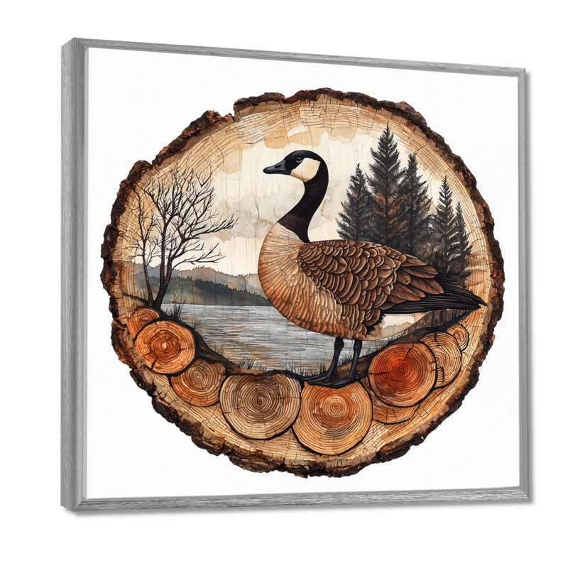 «Grazeose Autumn Canadian Goose By The Wooden Lake III», art mural sur toile, Impression encadrée flottante, Argent argent