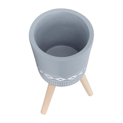 Pot à fleurs gris de 12 po avec pieds en bois, matériau, pour plantes d'intérieur, salon idéal, balcon, porche, trous de drainage de Noël, diverses pièces et espaces extérieurs, amateurs de plantes
