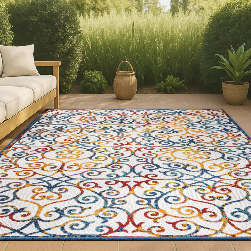 Tapis intérieur / extérieur crème / bleu / rouge Rhianne, Rectangulaire 3 pi x 5 pi