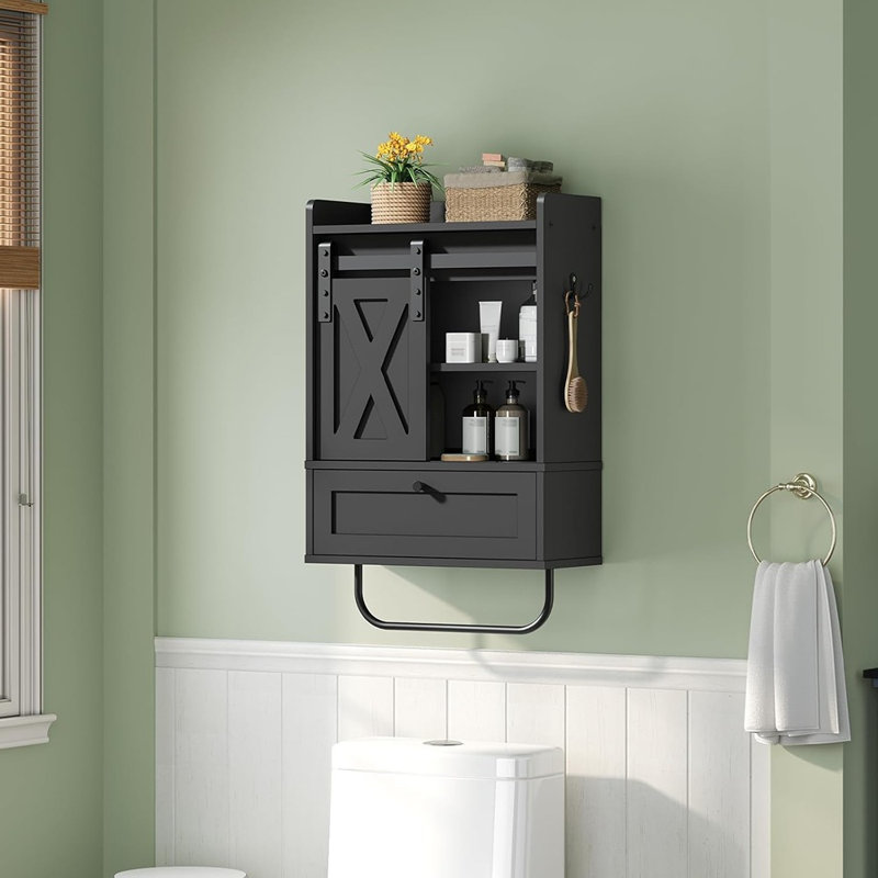 Bathroom Wall Cabinet, Farmhouse Medicine Cabinets With Sliding Door, Wall Mounted Storage Cabinet With Adjustable Shelf And Towel Bar, For Bathroom, Living Room, Kitchen, Black