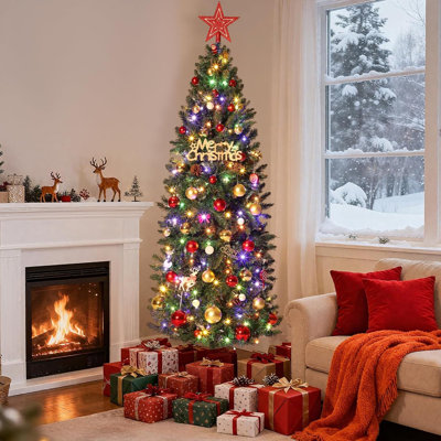 Arbre de Noël artificiel mince de 6 pi avec 250 lumières DEL à changement de couleur, 566 branches, conception à charnières et support en métal - Arbre de Noël pré-éclairé pour la maison, le bureau et les fêtes