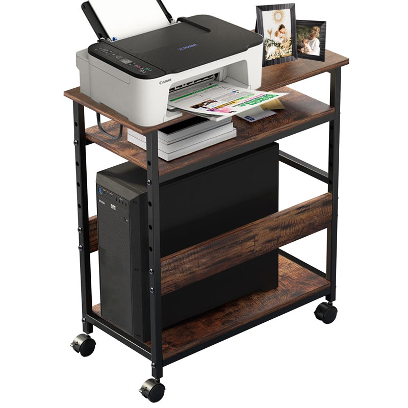 Rustic Brown Cpu Stand - Adjustable 3-Tier Storage For Home Office - Mobile Design