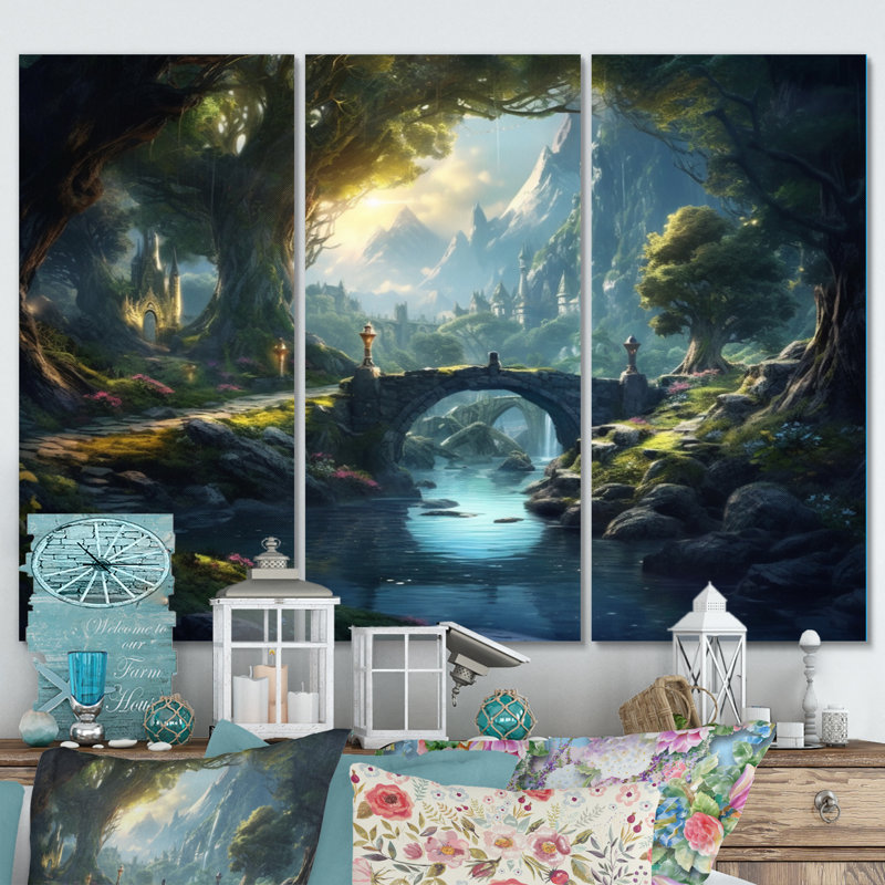 «Green Blue Calming Waterfall - Lakes & Rivers», ensemble de reproductions d'art sur toile, H 40 po x l 60 po x P 1 po