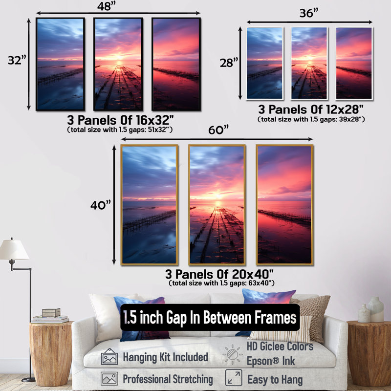 «Pink and Blue Pier» Horizon Sunset I - Coastal Pier, art mural, Cadre flottant doré, H 28 po x l 36 po x P 1 po