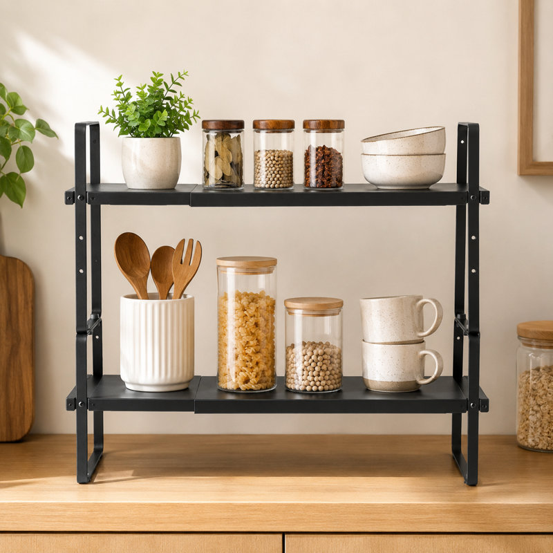 Étagère de rangement noire à double couche extensible, étagère de comptoir empilable, idéale pour les cuisines, les salles de bain, les bureaux et les garde-manger.