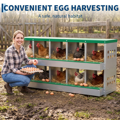 Boîte de nidification à poulet à 10 compartiments en acier galvanisé vert foncé de 54,7 x 17 x 24,4 pouces à fixation murale avec débit d'air et évacuation d'eau pour poules, canards et ferme
