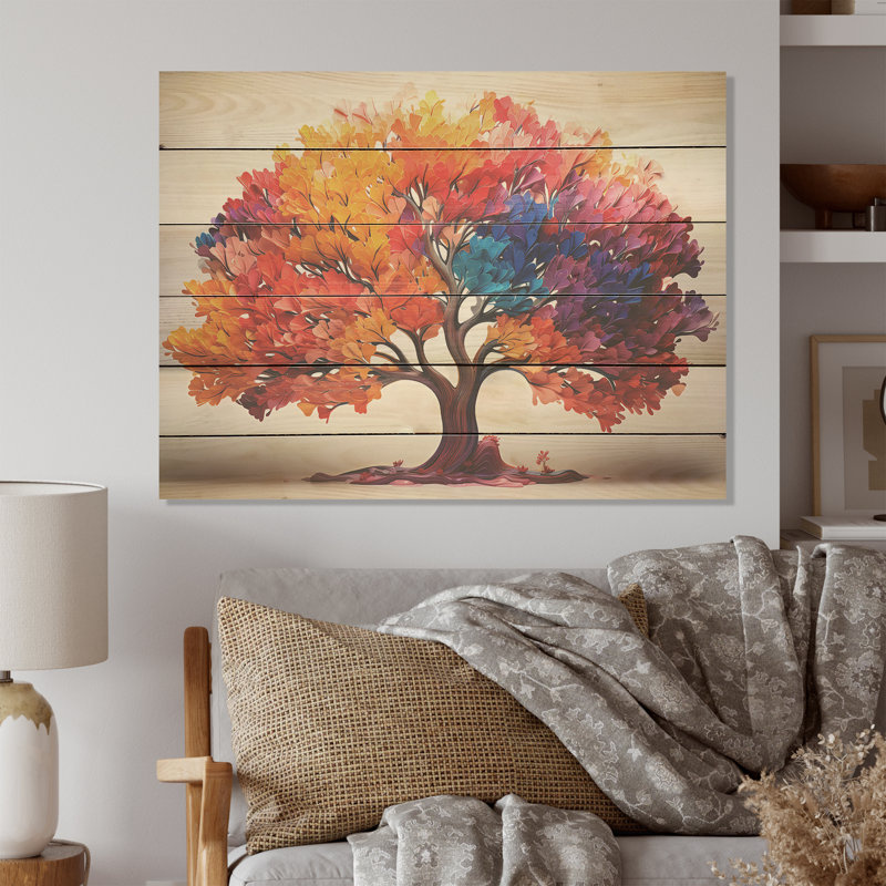Maple Tree Colourful Abstraction - Tree Maple Wood Art On Natural Pine Wood, 10" H x 20" W
