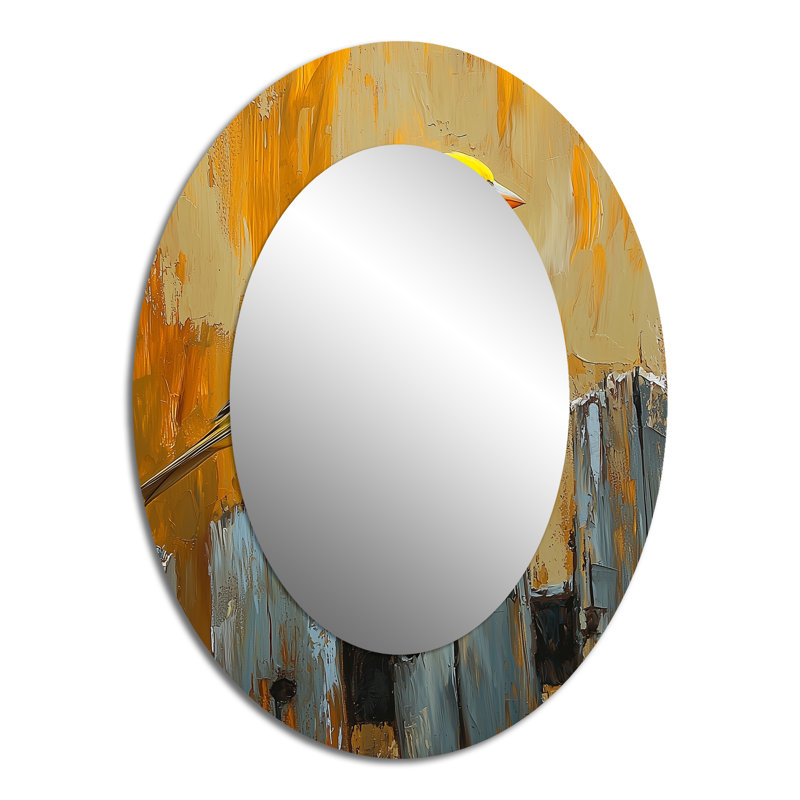 Oiseau pinson sur la clôture de la basse-cour II - grand miroir mural ovale sur métal, 40 po x 30 po