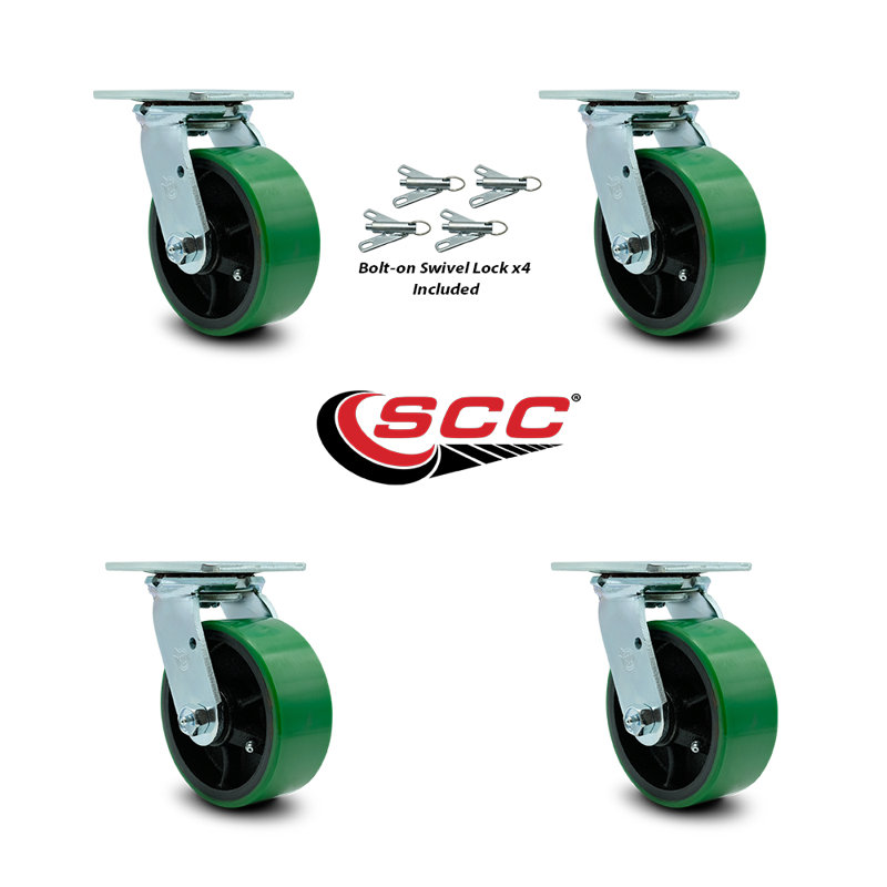 5 Inch Poly on Cast Iron Caster Set with Ball Bearing and Swivel Lock SCC|SCC-30CS520-PUB-BSL-4, Green