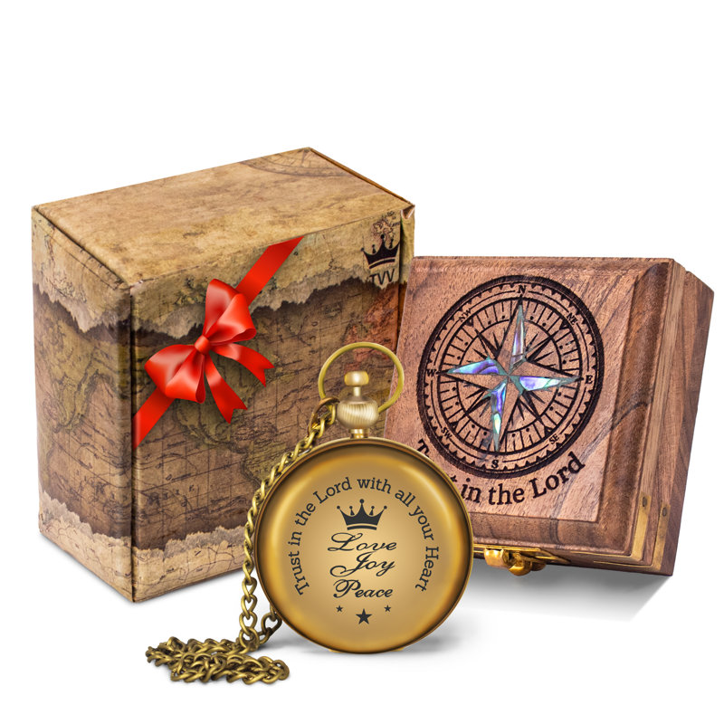 Boussole de poche en laiton, verset biblique gravé, coffret en bois, cadeau religieux chrétien