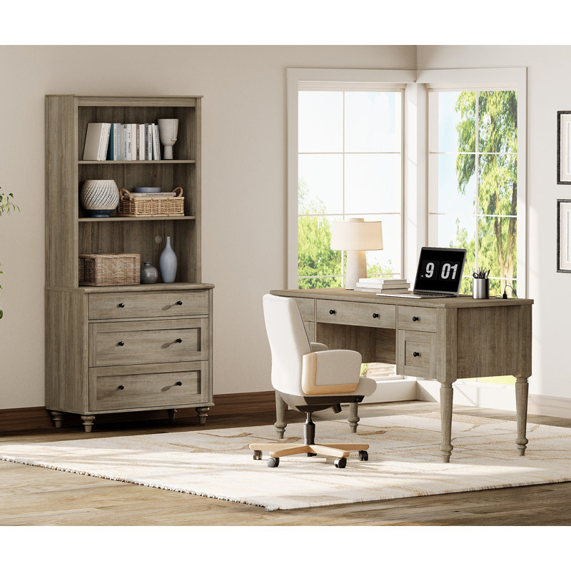 2 - Piece Office Set, 56" Executive Desk & Bookcase With Drawers, Wash Grey