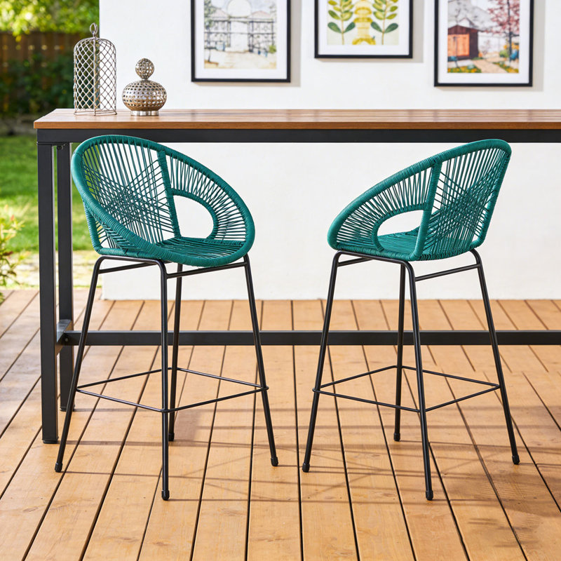 Outdoor Patio Black Faux Wicker Barstool Set, Teal