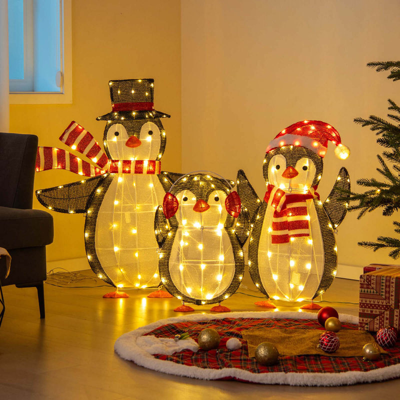 Ensemble de 3 pingouins éclairés avec 194 lumières à DEL et piquets