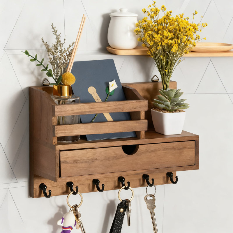 Wall Mount Key Holder With Mail Organizer, 6 Hooks And Storage Drawer, Solid Wood Entryway Decor For Keys, Mail, Wallet And Small Items