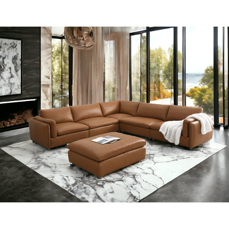 Canapé modulaire 6 pièces Dominguez, Cuir véritable brun