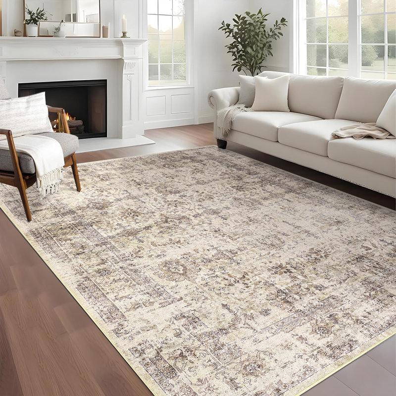 Machine Washable Rug Oriental Vintage Non-Slip Low Pile Rubber Backing Area Rug for Living Room Bedroom Kitchen Dining Room