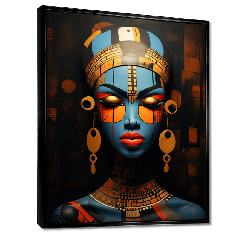 «African Blue Queen Traditional Jewellery» - art mural masque africain, Cadre flottant noir, H 40 po x l 30 po x P 1,5 po