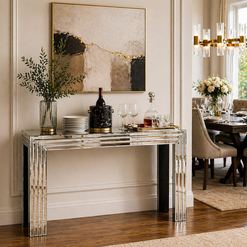 Glam Mirrored Console Table & Crushed Diamond Accent Wall Mirror Set Modern Glam Stylish