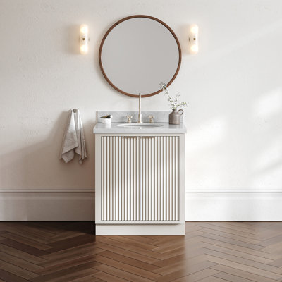 Meuble-lavabo simple 30 po en bois massif avec plateau en marbre de Carrare 1,5 po blanc chaud, lavabo ovale