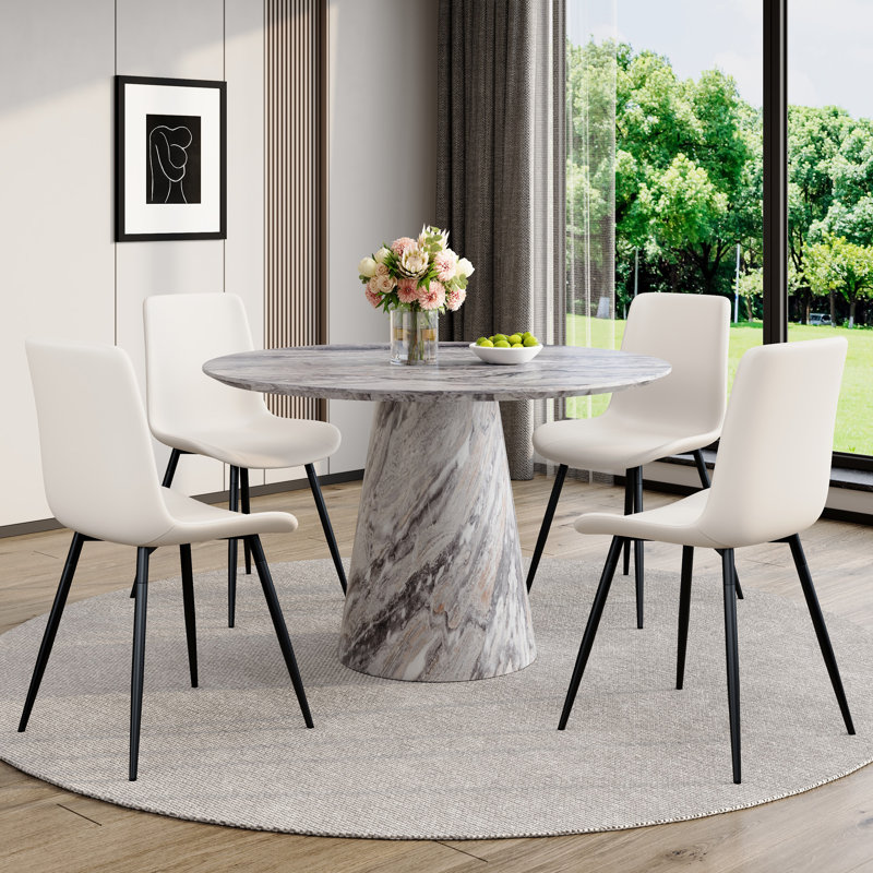 45'' Round Dining Table Set With 4/6 Upholstered Chairs, White, 5 Pieces: Table, 4 Chairs