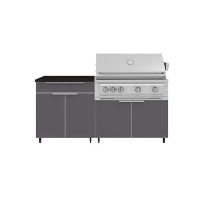 Ensemble de cuisine extérieure en aluminium, composé de 4 armoires, avec barbecue Platinum de 40 po (101,6 cm) fonctionnant au propane liquide et comptoir en pierre reconstituée Nano Black de 32 po (81,3 cm).