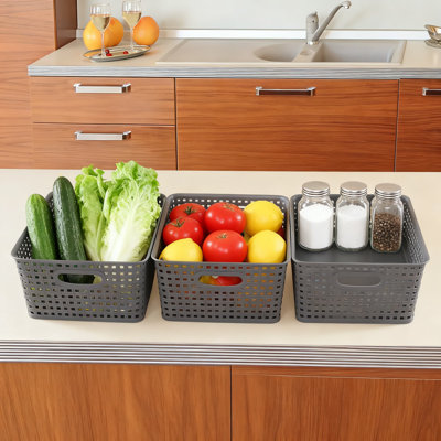 Plastic Storage Baskets With Handles, 4-Pack Sturdy Weave Design For Home Office Organization, Desktop, Cabinet, And Garage Shelving