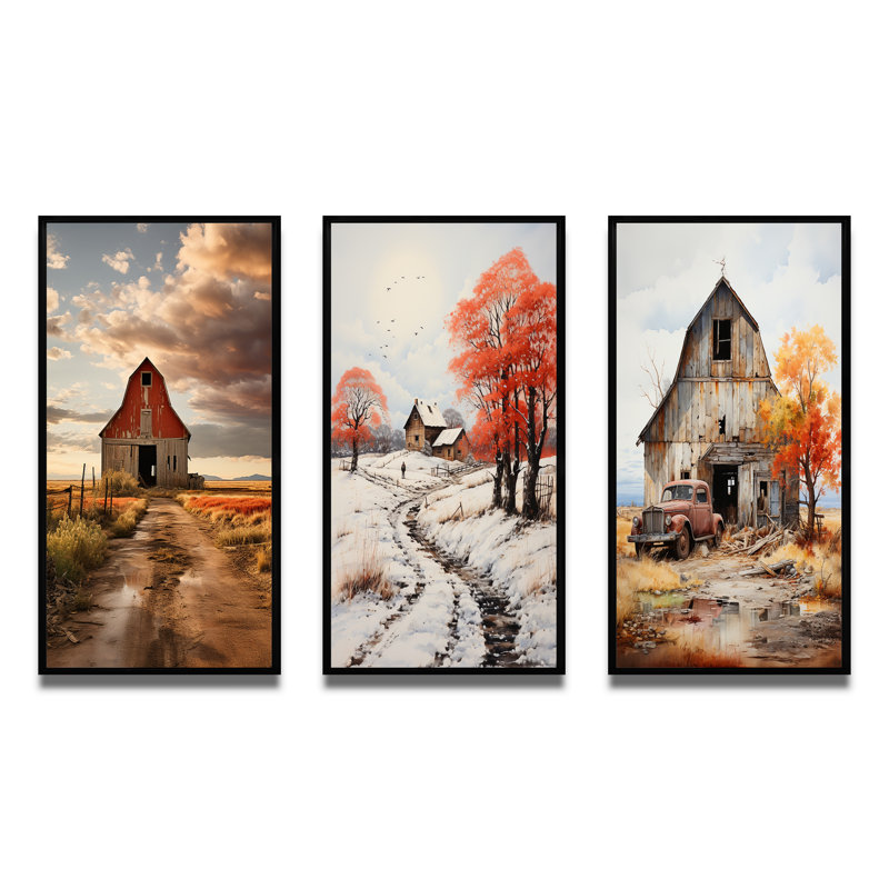 «Barns Rustic Charm IV», 3 pièces sur toile, H 32 po x l 48 po, Cadre noir