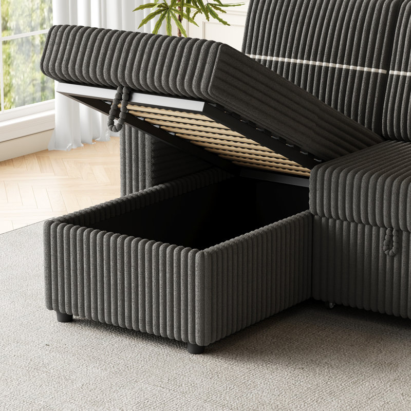 Lulla 85.11" Pull Out Sleeper L-Shaped Sofa with Storage Chaise, Grey Corduroy
