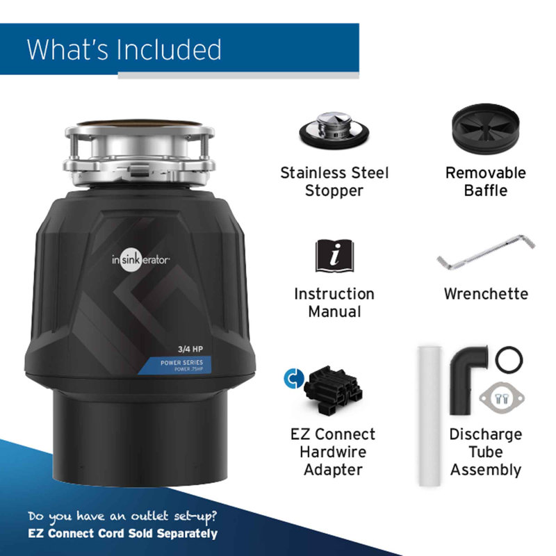 Power 0.75HP, 3/4 HP Garbage Disposal, Power Series EZ Connect Continuous Feed Food Waste Disposer
