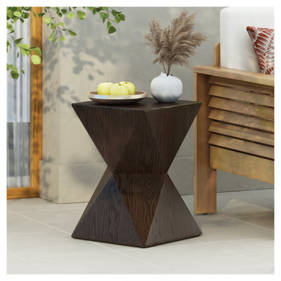 14.25" Natural Wood Grain Finish Prismatic Symmetry Concrete Outdoor Side Table With Symmetric Design – Weather-Resistant Accent For Patio, Garden, Or Balcony