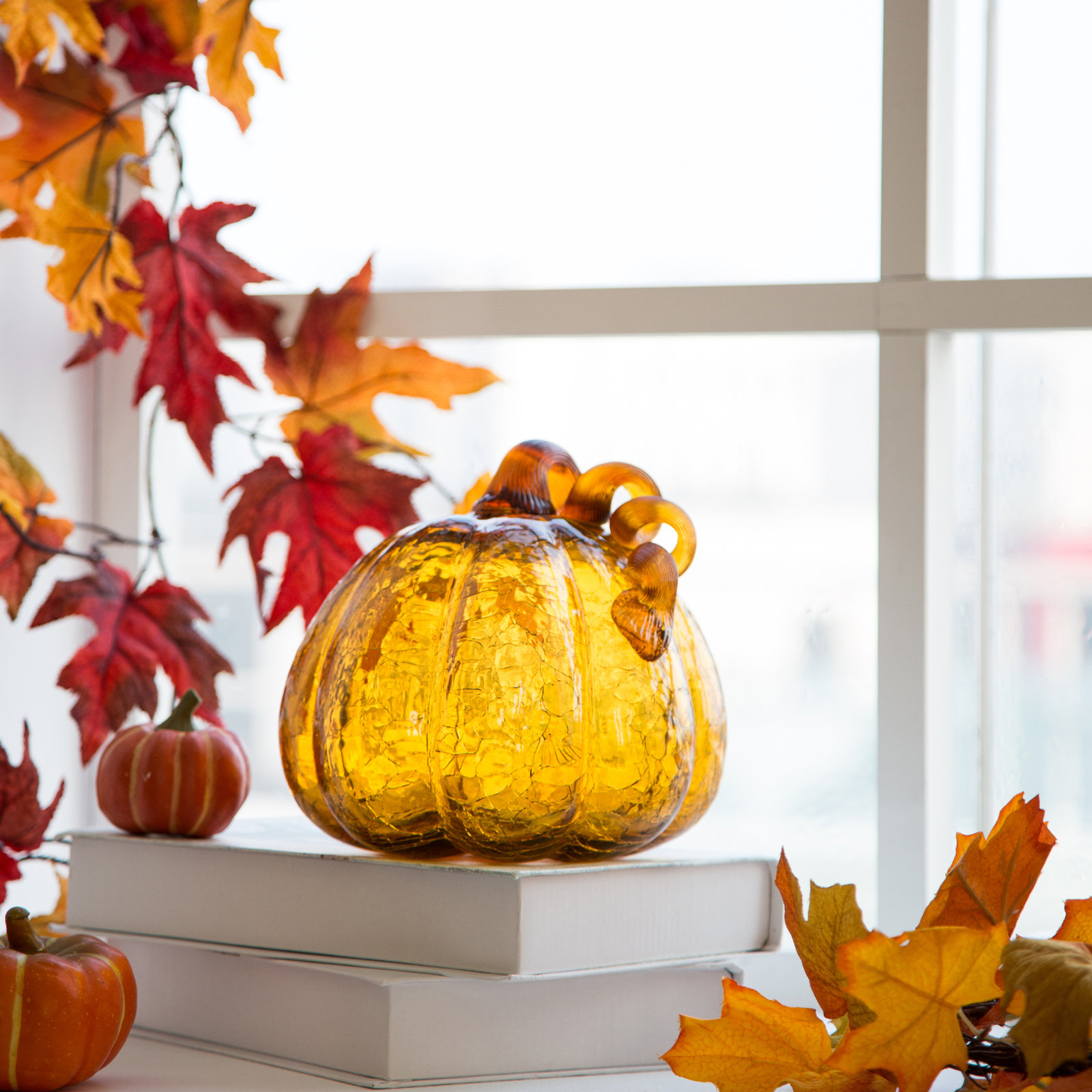 2 Piece Crackle Glass Pumpkin Set, 6.69" H x 7.48" W x 7.87" D, Yellow