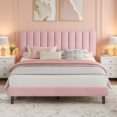 Queen Size Bed Frame, Velvet Upholstered Platform Bed with Vertical Channel Tufted Headboard,  Mattress Foundation with Strong Wood Slat, No Box Spring Needed, Easy Assembly, Pink