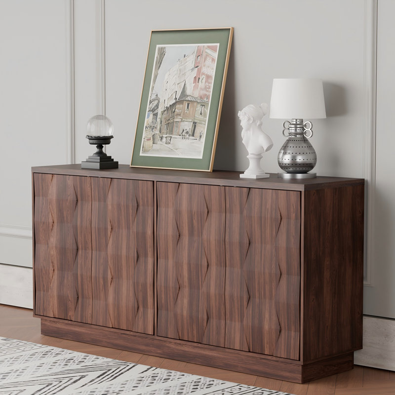 Buffet moderne de 60 po de largeur avec rangement réglable, sans poignée, Brun