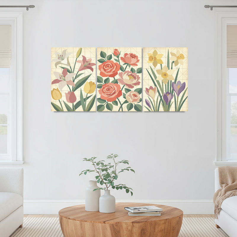 Ensemble de 3 tableaux muraux sur toile tendue représentant un jardin floral, pour la décoration du salon et de la chambre.