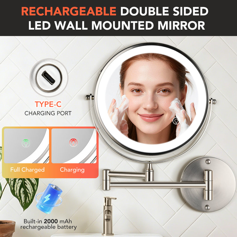 Miroir de meuble-lavabo mural 8,5 po à DEL, miroir de maquillage rond en métal rechargeable, 1x / 10x, nickel, Nickel brossé