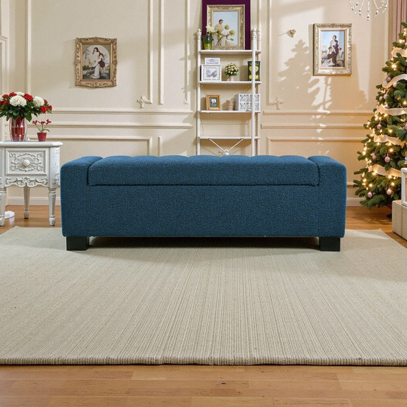 Banc avec repose-pieds 50 po avec revêtement en tissu texturé et pieds de rangement en bois de bouleau, Bleu
